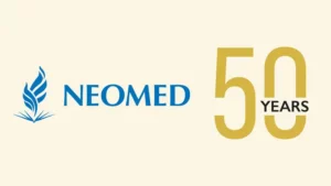 NEOMED's 50th anniversary logo on a yellow background.