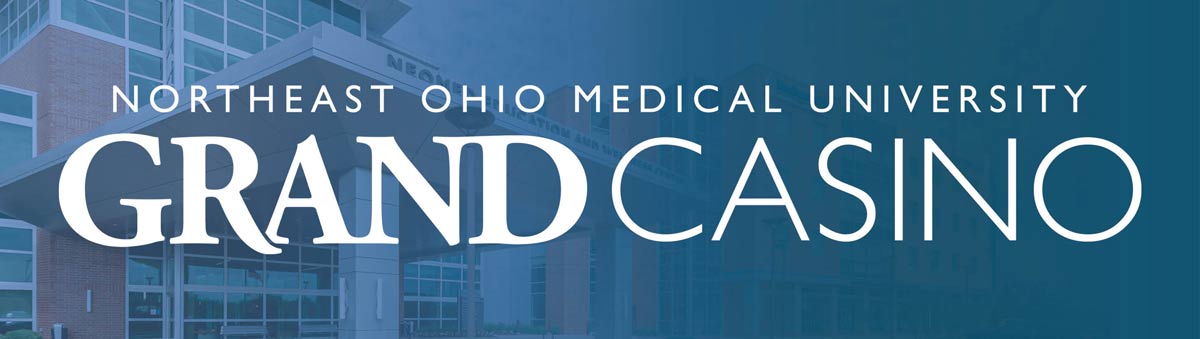 The logo for NEOMED's Grand Casino event appears over a background image of the university's front exterior.