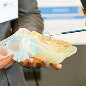 A pair of hands hold a prototype medical device.