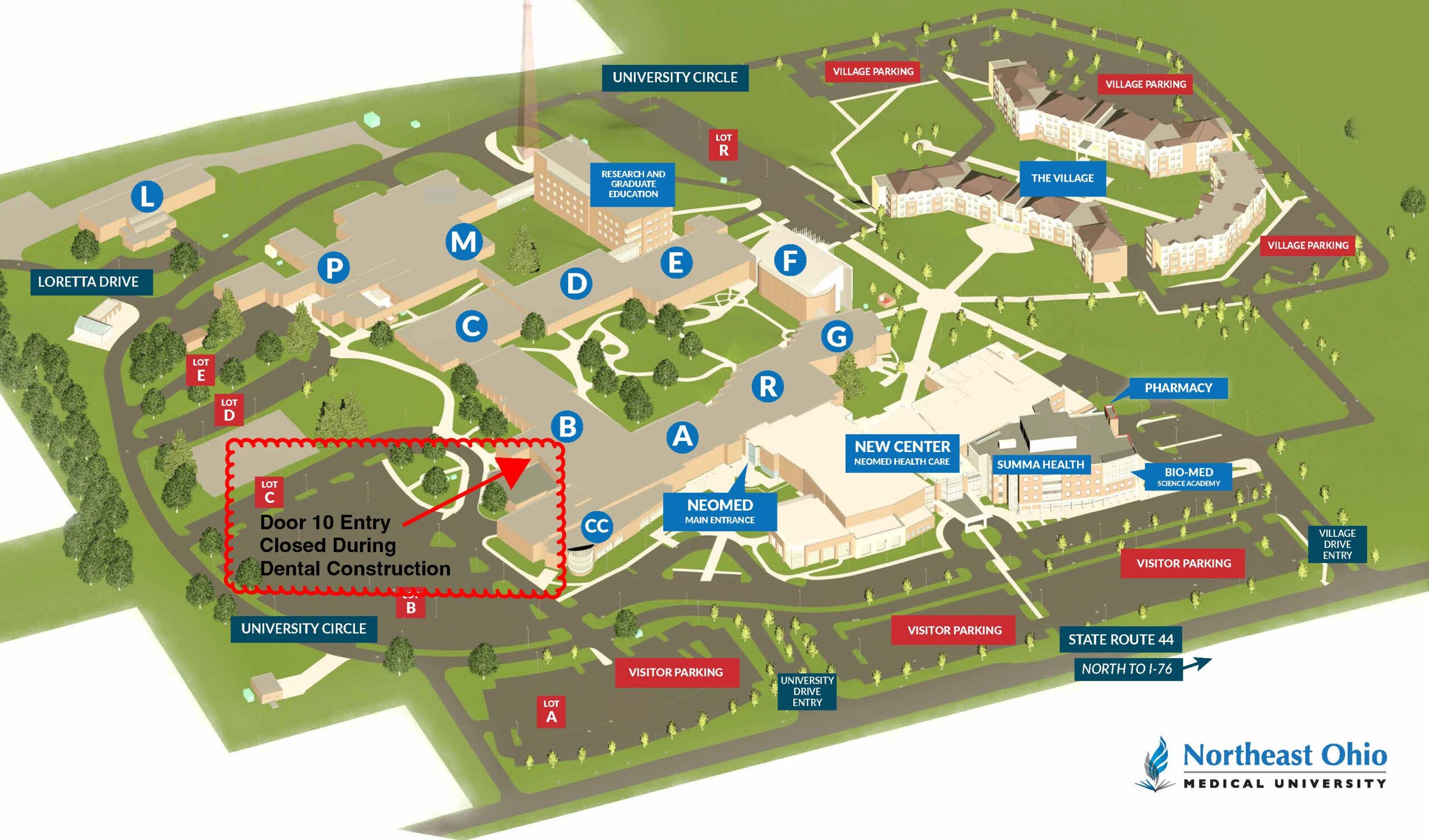 map of NEOMED campus with construction area highlighted