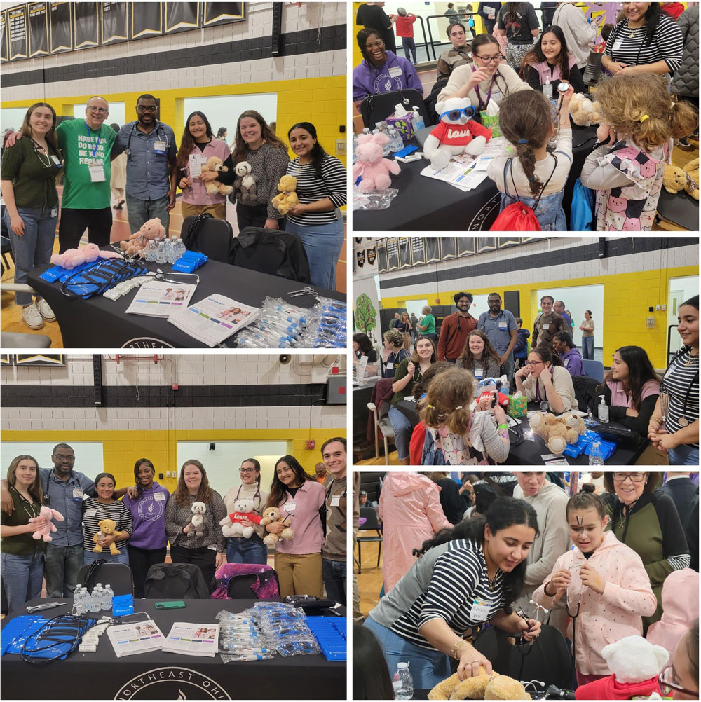A collage of group photos showing the medical students at the Teddy Bear Clinic table.
