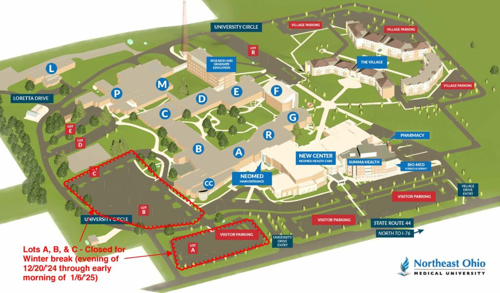 campus map with parking lots closures marked in red