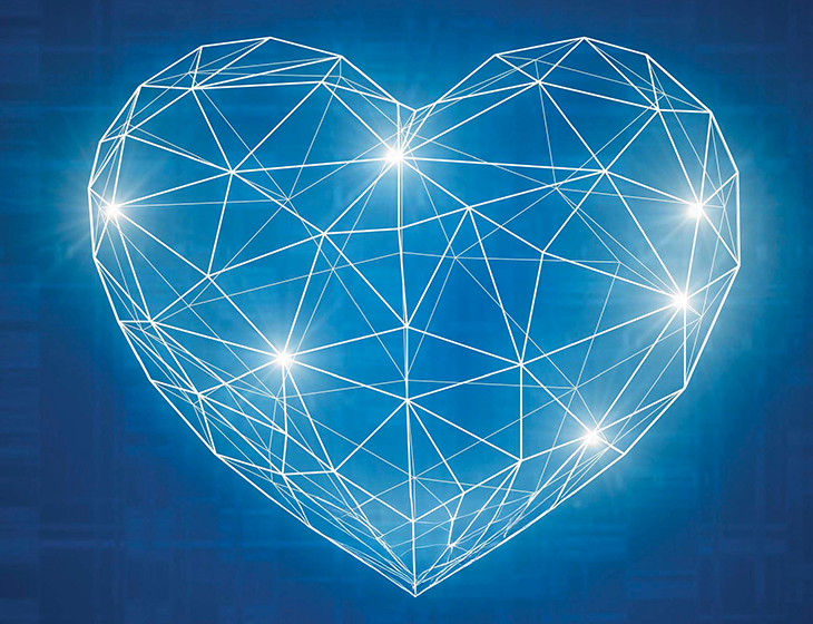 A digital outline of a heart with points of light on a blue background