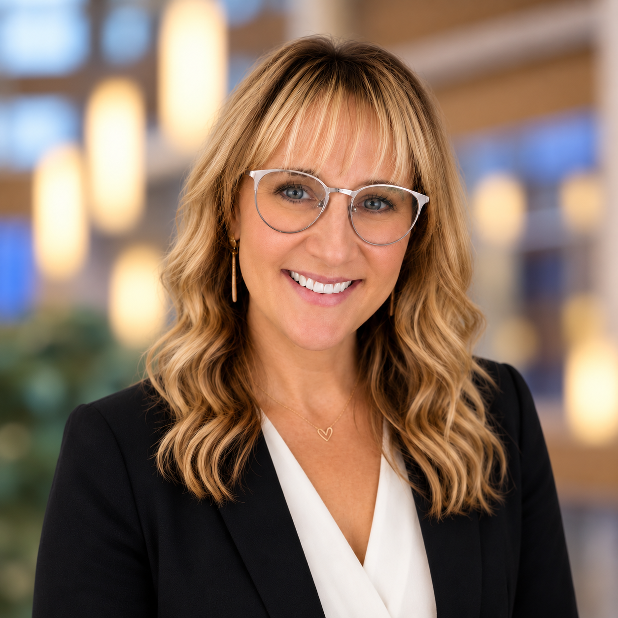 Professional headshot of a smiling blonde woman wearing glasses.