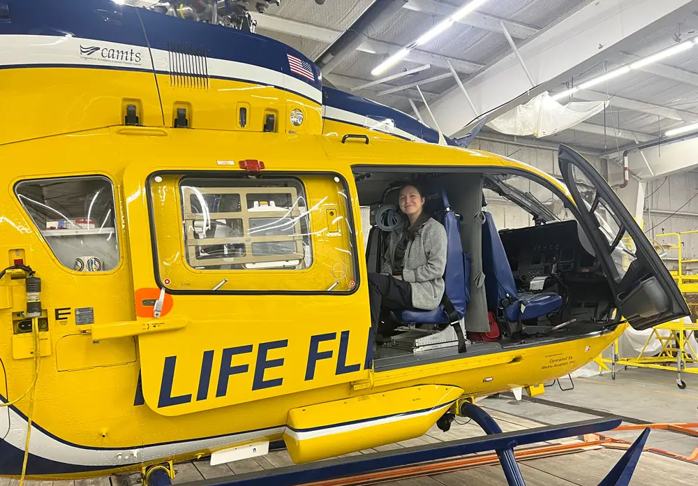 A NEOMED student in a Lifeflight helicopter as part of their residency training.