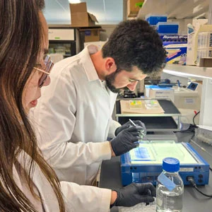 Two researchers wearing lab coats and gloves conduct an experiment at a laboratory workbench.