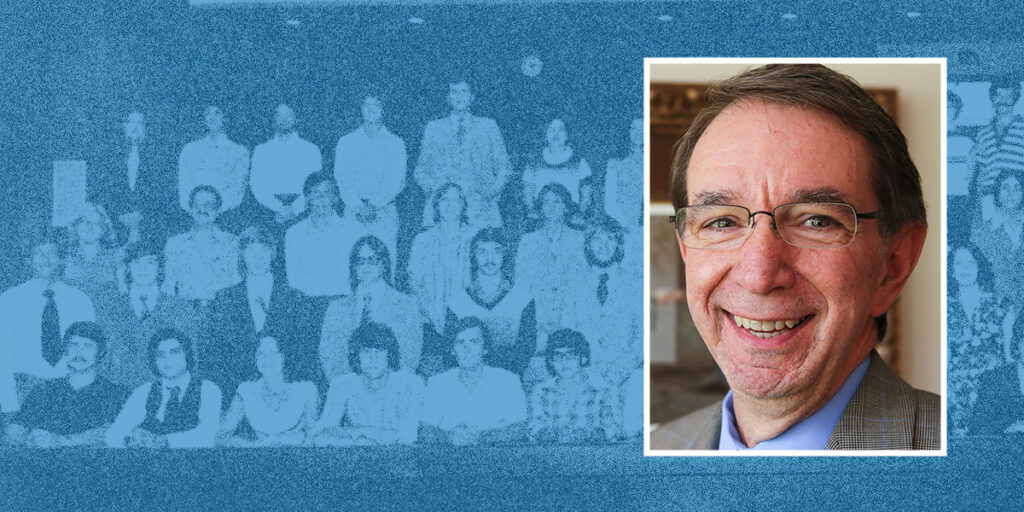 Headshot of Joseph Zarconi sits atop a group photo of NEOMED's first class behind a blue wash