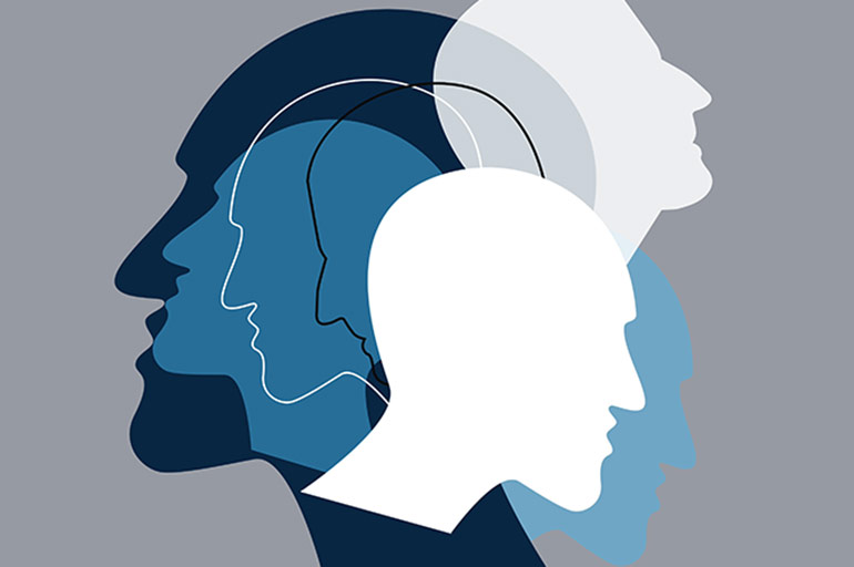 A drawing showing the profiles of four faces.