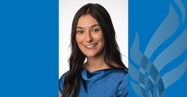 Headshot of Maria Newton on a blue background with flame graphic on the side