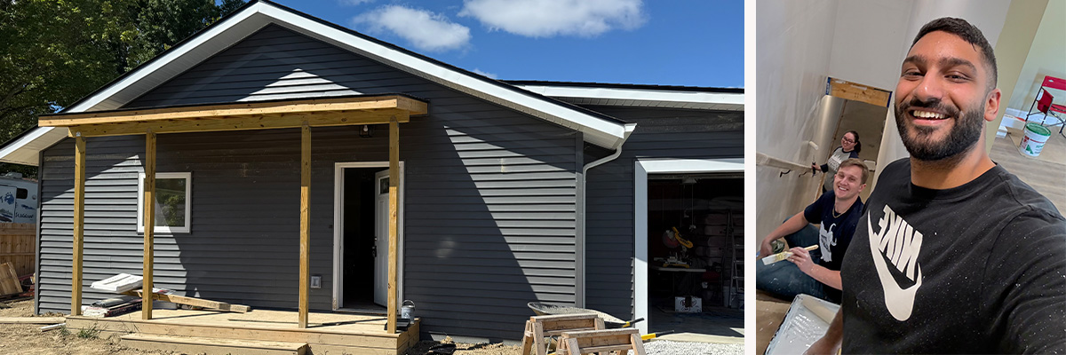 Side by side photos of a newly built home and members of the Habitat for Humanity group at NEOMED