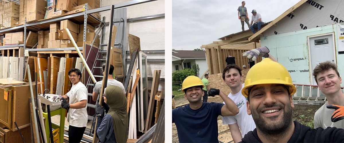 Side by side photos of a young man in a warehouse and a group of young men on a construtction site