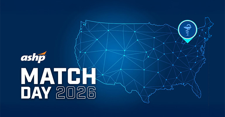 On a field of dark blue, an outline of the map of the United States is crossed by multiple connected data points. A marker over Ohio includes the icon of the NEOMED College of Pharmacy. In the lower left corner of the graphic, the words ASHP Match Day 2026 appear.