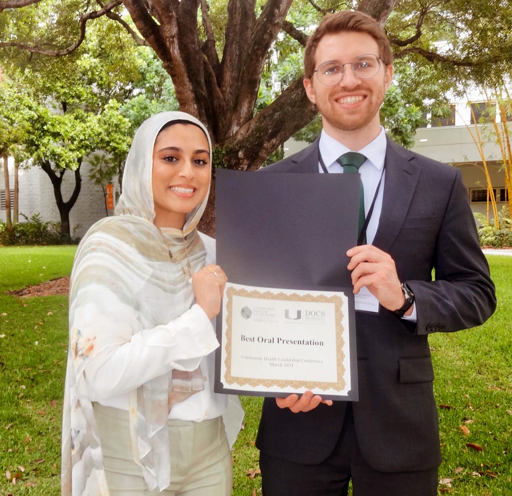 Medicine students Saaleha Shamsi and Max Brockwell earned first place in oral presentations.