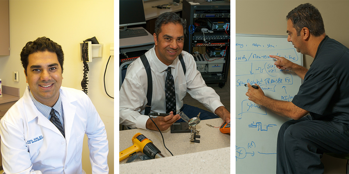 Amol Soin triptych images with first image of man smiling wearing white doctor coat in doctor's office. Second image has a man smiling while holding a tool in a lab. Third image is a man writing on a white board.