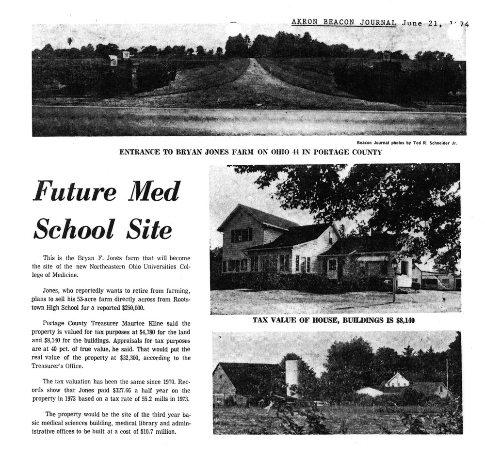 An Akron Beacon Journal page from June 21, 1974, titled “Future Med School Site,” features photos of the Bryan F. Jones farm and an article about its planned purchase.