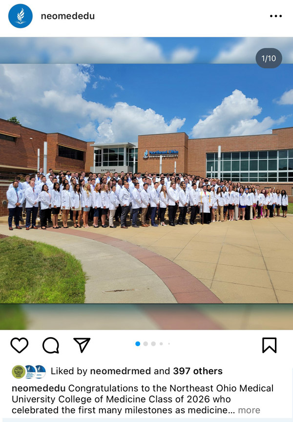 An Instagram post with new students in front of NEOMED in their white coats.