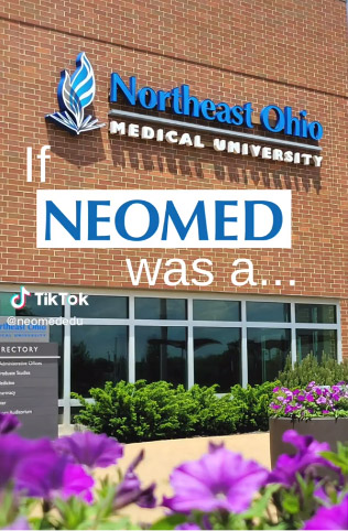 A TikTok image of the outside of NEOMED with flowers in the foreground.
