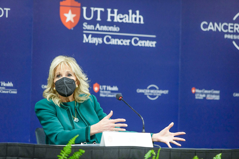 First Lady Jill Biden gestures while making remarks.