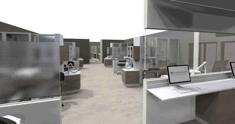 A black and white rendering of the space in the future dental clinic.