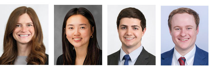 A composite image of four individual headshots showing students in professional attire against neutral studio backgrounds.