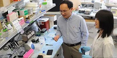 Two researchers in a laboratory review materials and equipment laid out across the bench.