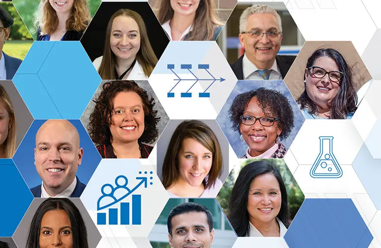 Employees from across the university are part of a collage that includes symbols from Lean Six Sigma.