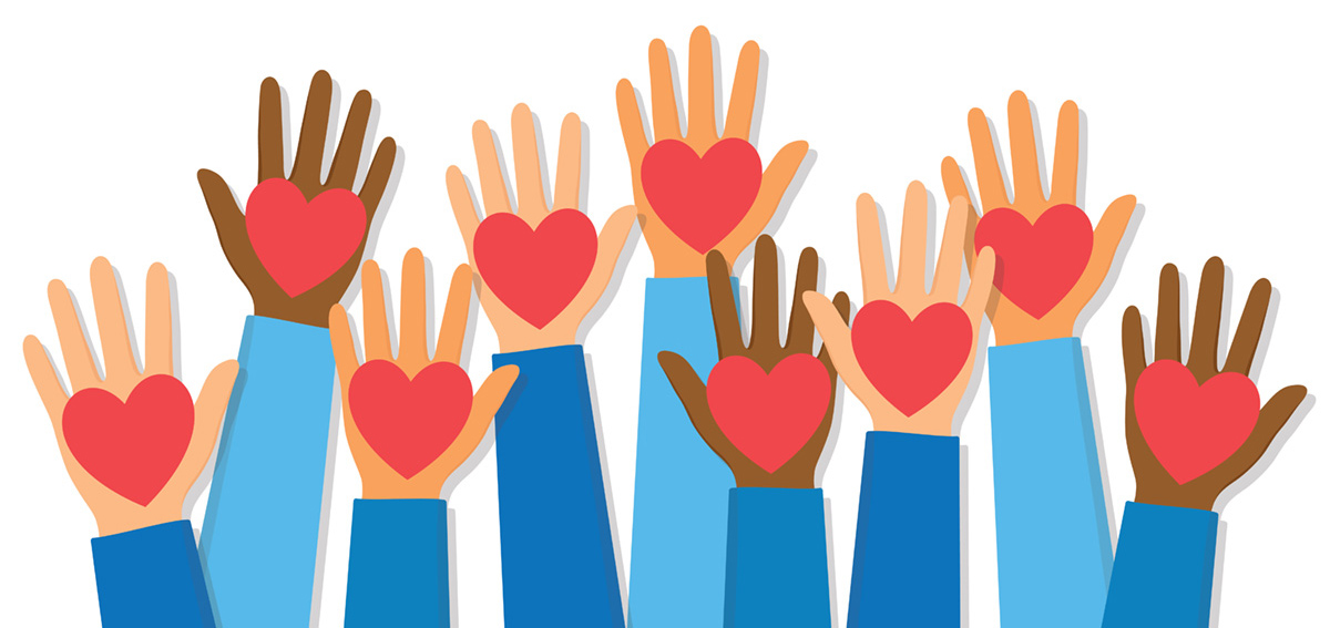 Vector image of hands of different skin tones holding hearts, all with different shades of blue long-sleeve shirt sleeves