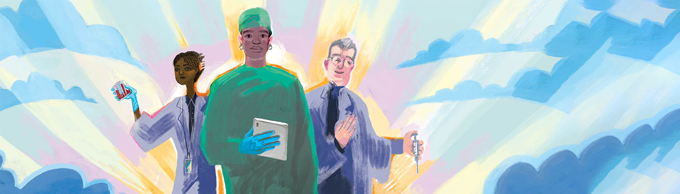 Three physicians with the sun rising behind them.