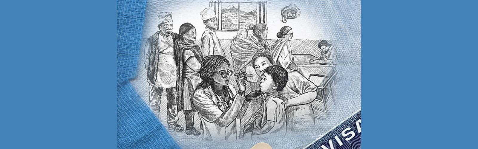 A line drawing of a busy doctor's office with people from various backgrounds depicted.