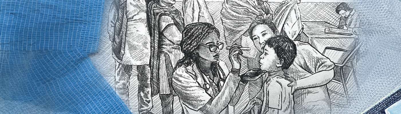 A line drawing showing a doctor caring for a youngster. The families in the background are wearing clothes from various nationalities.
