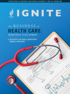 The cover of the Winter 2025 issue of Ignite, showing a stethoscope on a business plan.