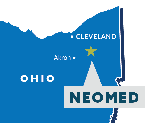 A map of Northeast Ohio, showing NEOMED's location south of Cleveland and east of Akron.