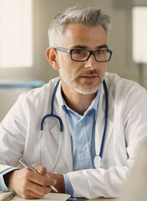 A physician with gray hair and glasses takes notes as a patient talks.