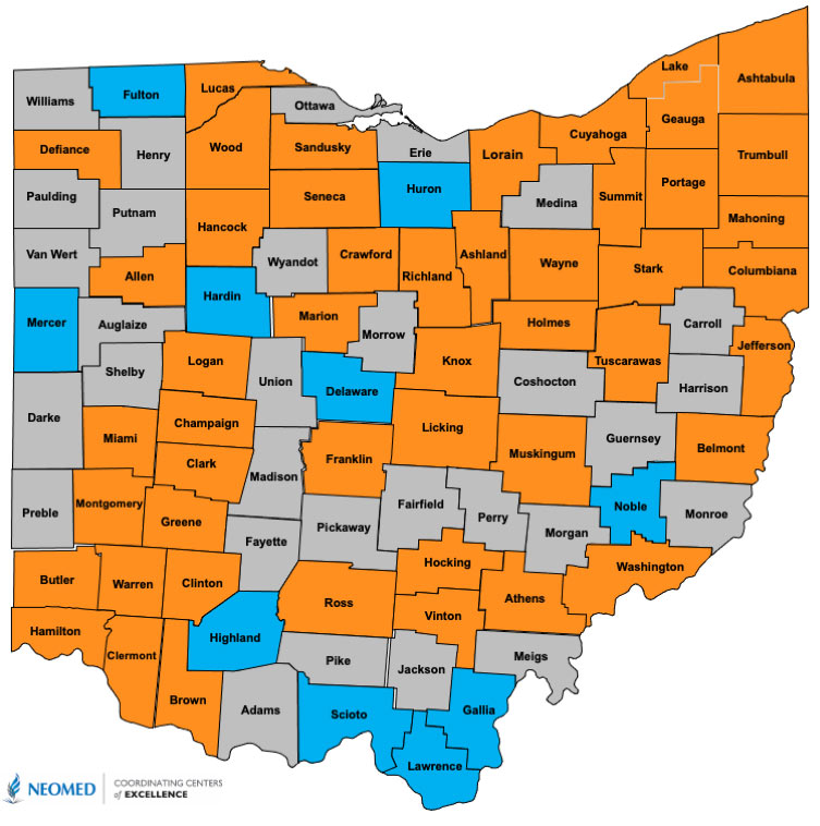 Map of Ohio highlighting county-level grant support, with about two-thirds of counties shaded in orange to indicate those that have received funding through OPCSMH. Counties are in blue or gray have yet to receive funding; some of them do not have a college or university.