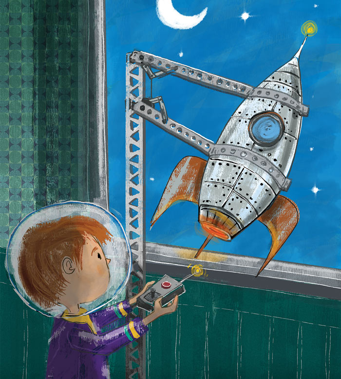 A drawing of a youngster dressed as an astonaut playing with a rocket.