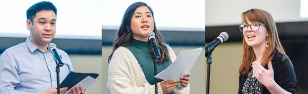 Three medical students reading poetry.