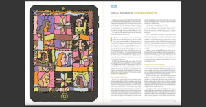 two-page spread from Ignite magazine with quilt art on left hand side, words on the other