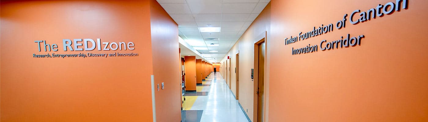 Orange hallways mark the REDIzone space at NEOMED.