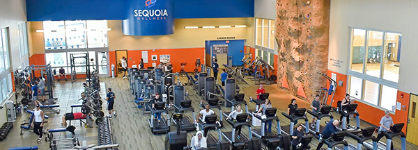 People exercise on Sequoia Wellness's fitness floor.