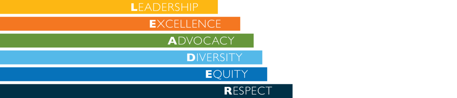A graphic showing our core values of leadership, excellence, advocacy, diversity, equity and respect.