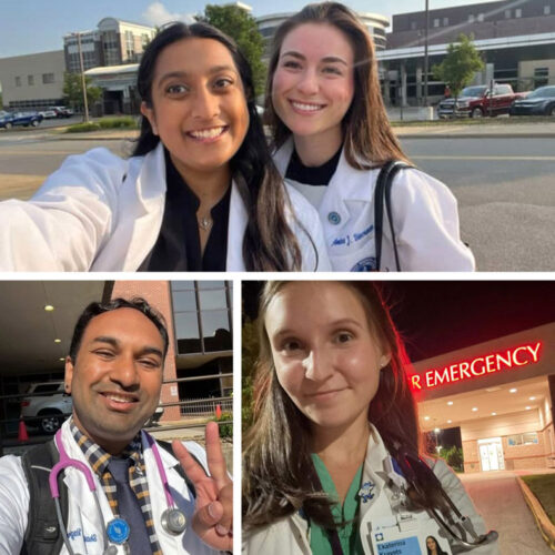 A collage of four medical students during their clinical rotations. The top image features two women in white coats smiling in front of a hospital. The bottom left shows a man flashing a peace sign outside a medical facility, and the bottom right shows a woman with a badge and stethoscope posing in front of an emergency department at night.