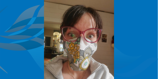 Megan Nagley, PharmD wearing a reusable cotton mask