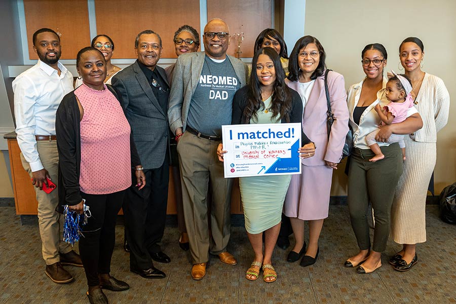 A fourth-year medical student with her family on Match Day at NEOMED in Rootstown, Ohio.