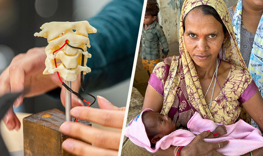 A split-image collage shows a close-up of a small medical device prototype on the left and a woman holding an infant outdoors on the right.