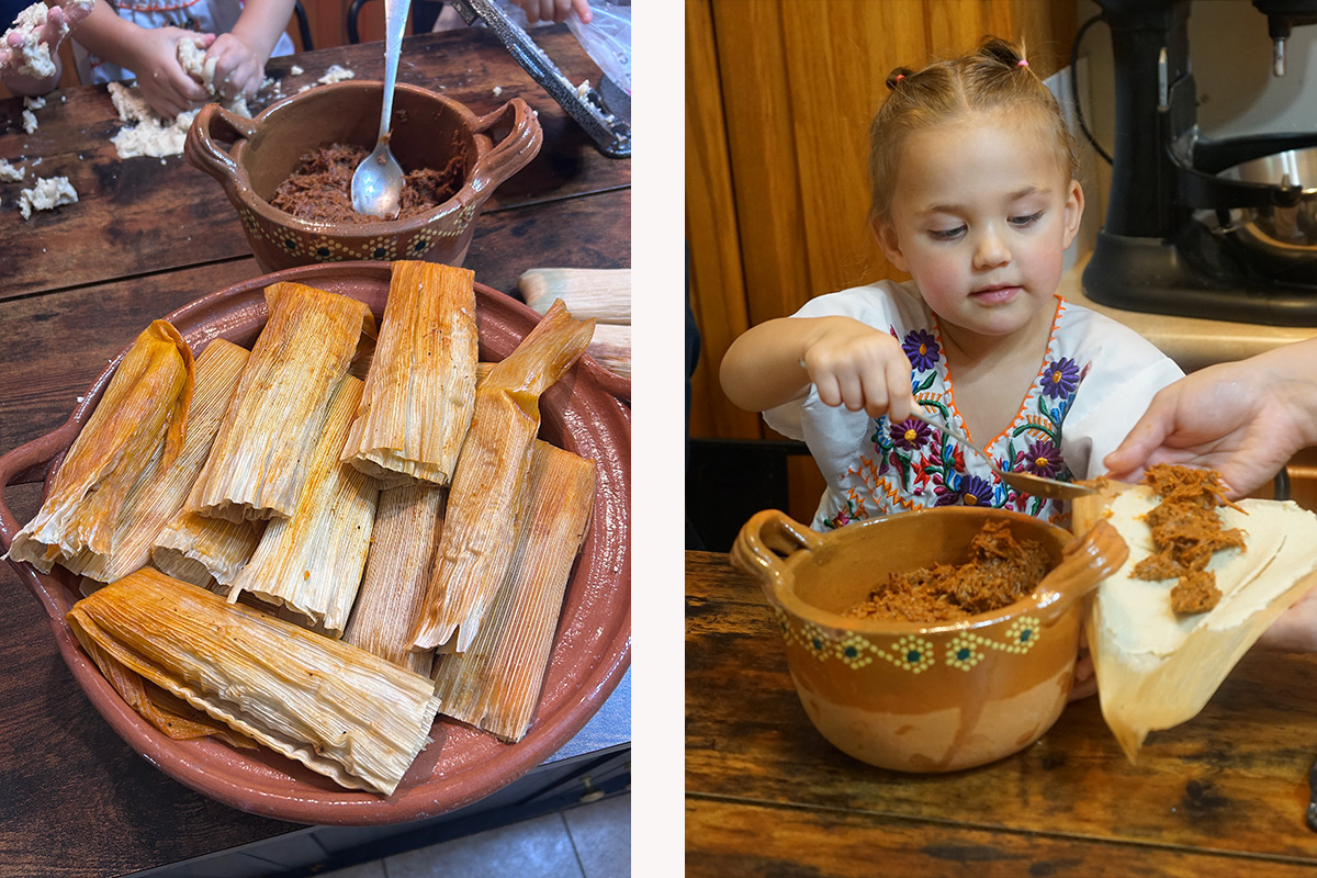 pair of photos, including a plate of completed tamales and a little girl fills a tortilla