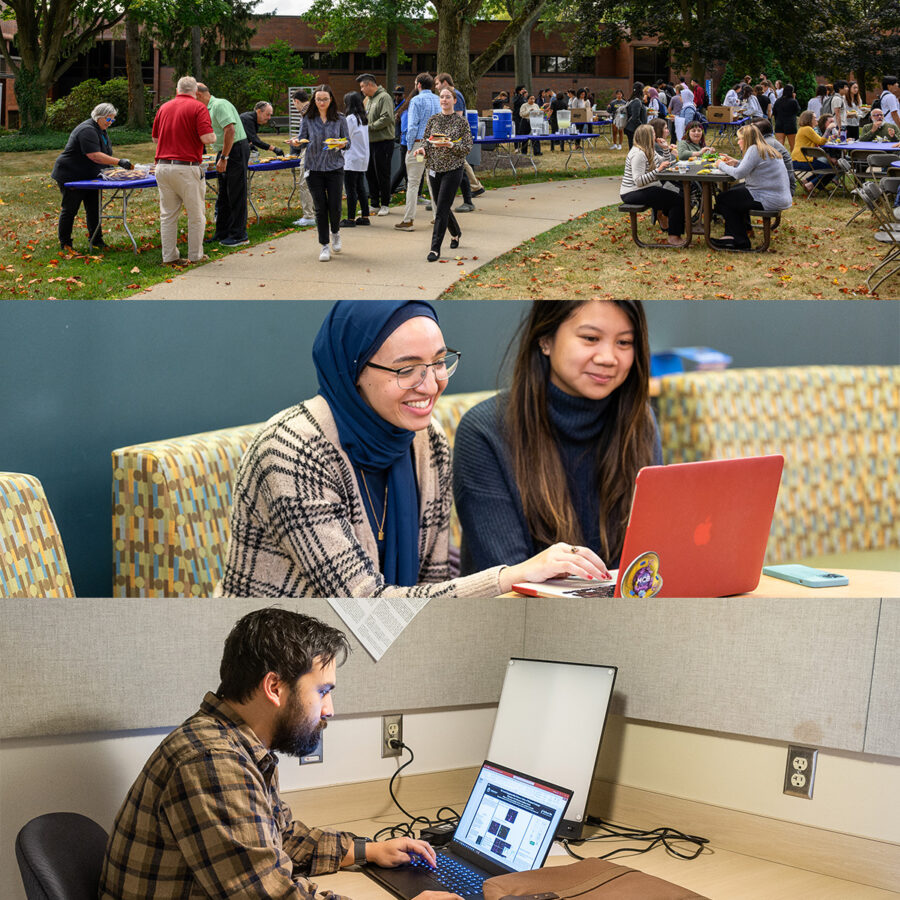 tryptich-1200 three images wth top image of students and faculty at an outdoor picnic, second image of tow female students smiling and looking at an orange laptop while sitting, and last image of a male student looking focused on laptop in quiet study room