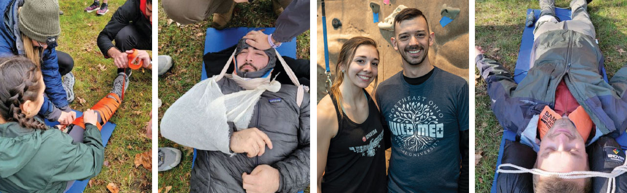 Four images of patients receving treatment during a wilderness training exercise.