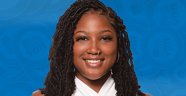 A future physician appears against a blue background interspersed with the word "Vote."